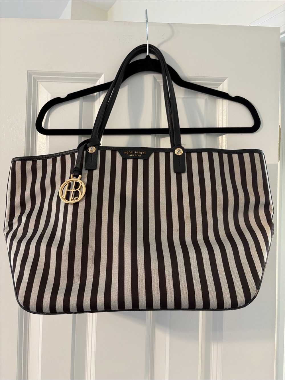 henri bendel Black & Cream Striped Tote